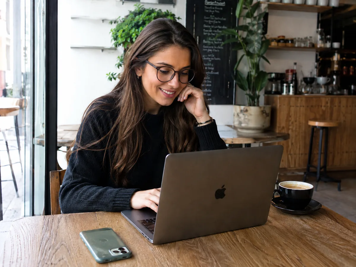 Dueña de una pequeña empresa trabajando relajada en su portátil en una cafetería luminosa, con su parte digital ya resuelta por Quibo